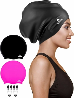 2 Pack Extra Large Swim Cap for Braids and Dreadlocks, Silicone Swimming Caps for Long Hair, Weaves, Extensions, Curls & Afros, Waterproof Adult Swim Hats Bathing Caps for Women Men