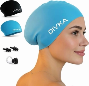 2-Pack Premium Quality Silicone Swim Caps for Women, Men, Teens & Adults  Medium Size  Stretchable & Durable, Includes Ear Plugs & Nose Clip, Extra Room for Long Hair, Non-Slip & Waterproof
