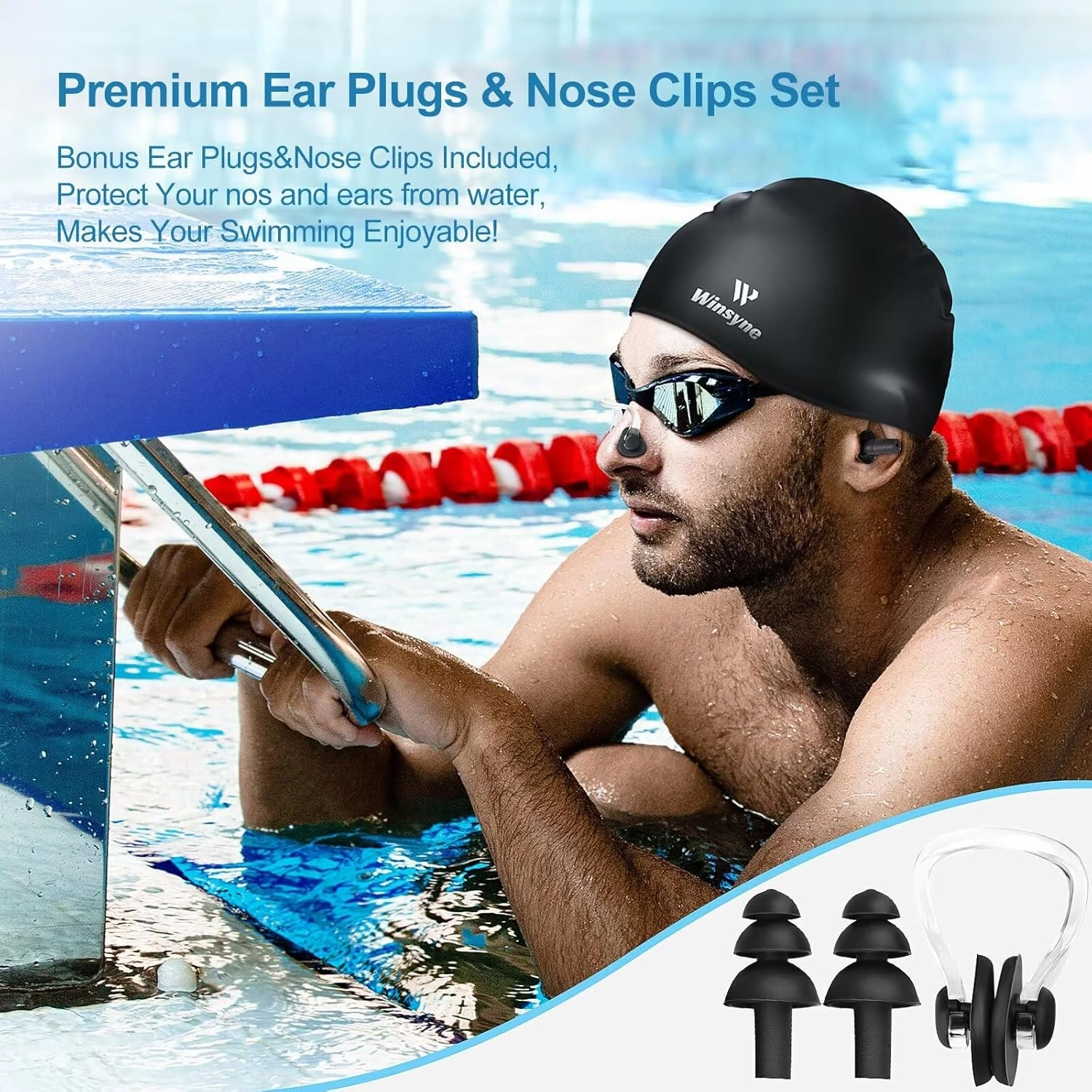 2 Pack Silicone Swim Cap for Men Women, Unisex Adult Swimming Caps for Short/Long Hair to Keep Hair Dry, Waterproof Bathing Caps for Swimming with Ear Plugs & Nose Clip Set