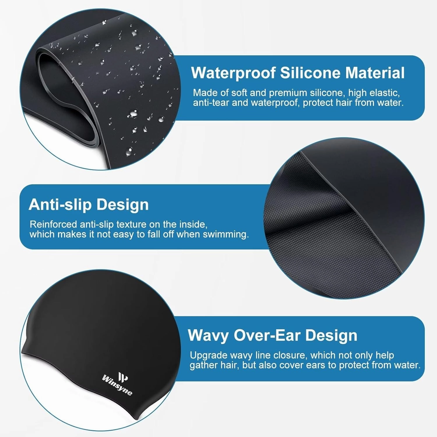 2 Pack Silicone Swim Cap for Men Women, Unisex Adult Swimming Caps for Short/Long Hair to Keep Hair Dry, Waterproof Bathing Caps for Swimming with Ear Plugs & Nose Clip Set