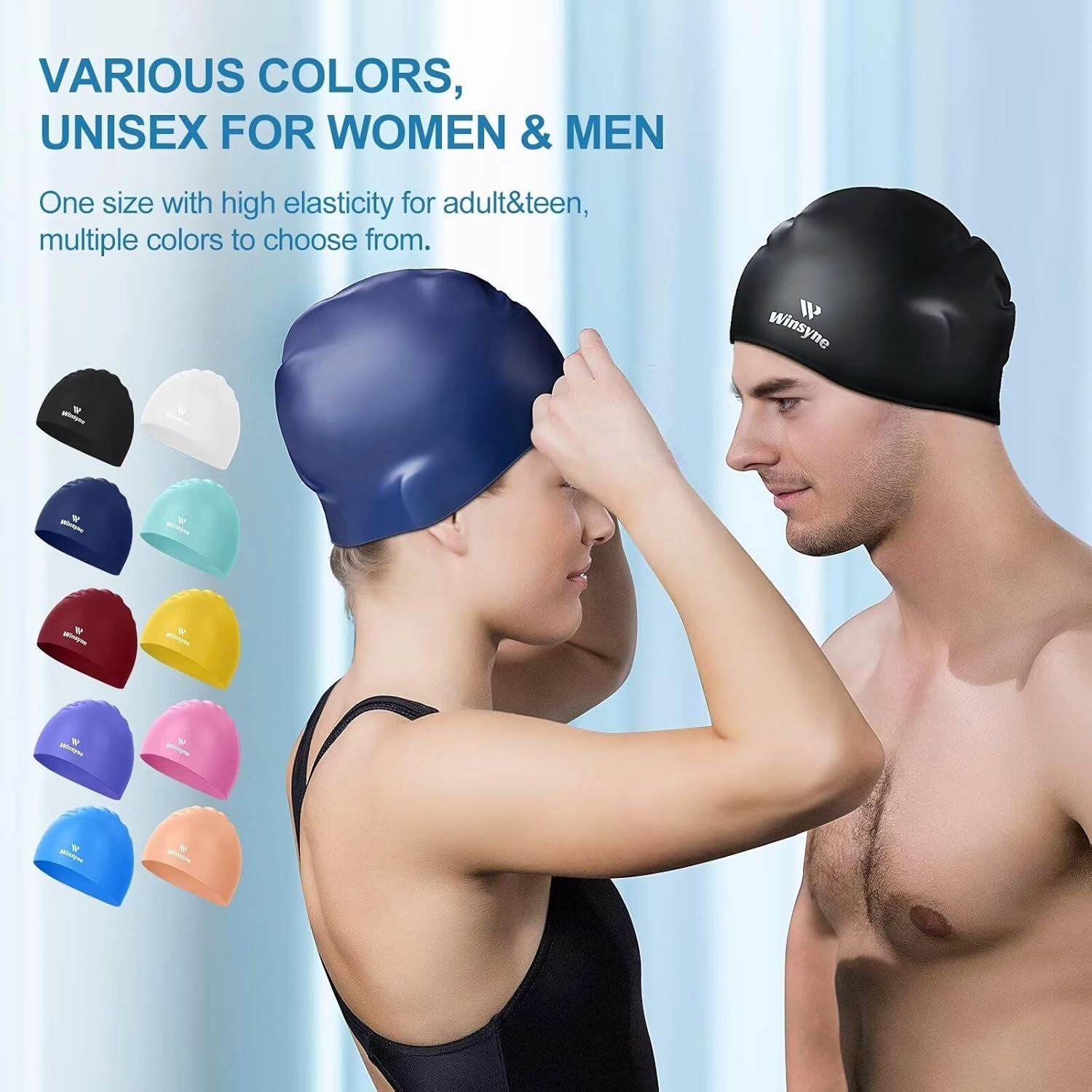 2 Pack Silicone Swim Cap for Men Women, Unisex Adult Swimming Caps for Short/Long Hair to Keep Hair Dry, Waterproof Bathing Caps for Swimming with Ear Plugs & Nose Clip Set