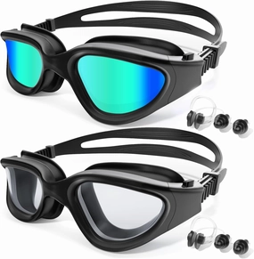 2 Pack Swim Goggles, Tenfold Long-Lasting Anti Fog Swimming Goggles Adult Men Women No Leakage Nose Clip Earplugs