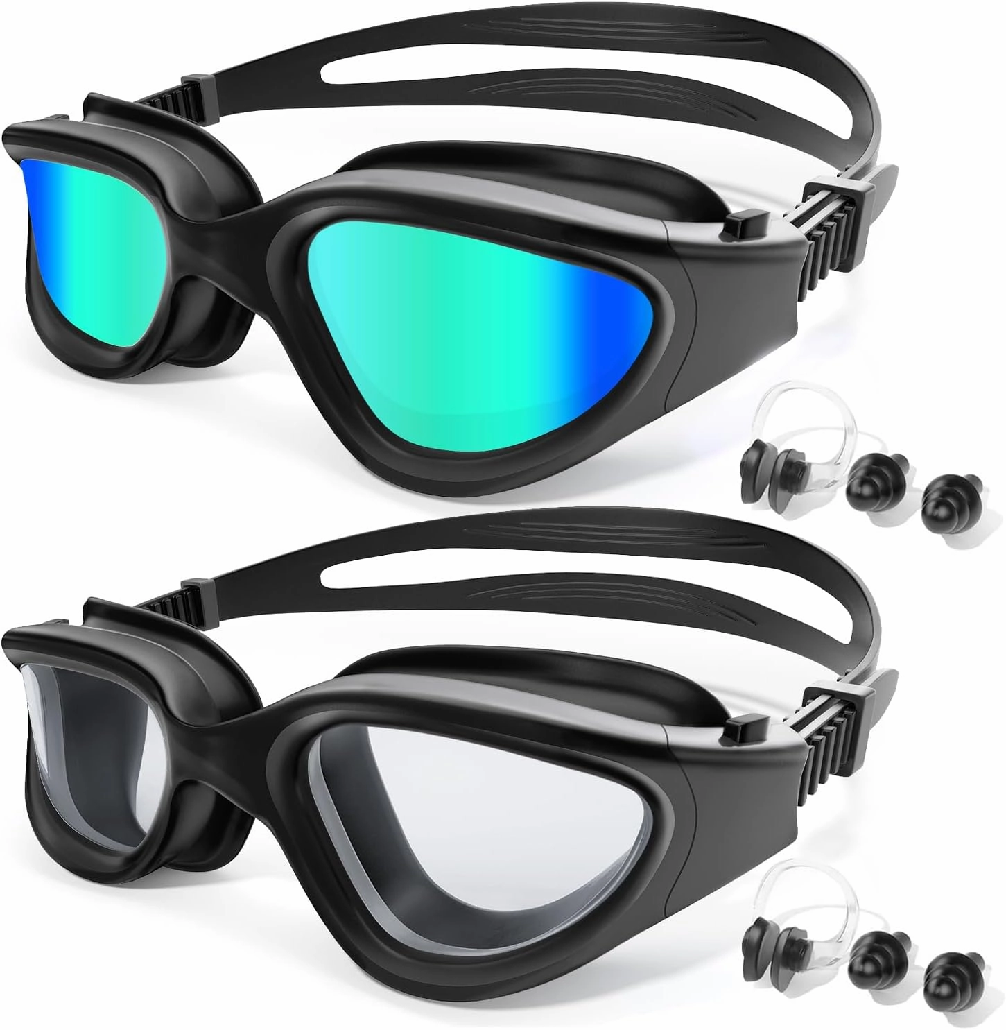 2 Pack Swim Goggles, Tenfold Long-Lasting Anti Fog Swimming Goggles Adult Men Women No Leakage Nose Clip Earplugs