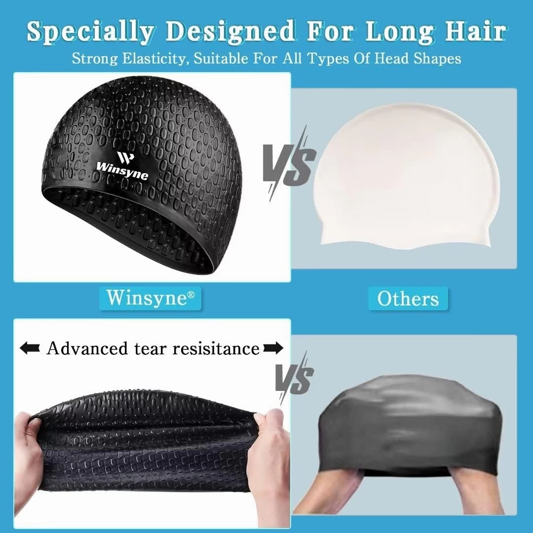 2 Pack Unisex Silicone Swim Cap for Women Men, Large Size Swimming Caps for Long Hair/Braids to Keep Hair Dry, Waterproof Bathing Caps for Swimming with Ear Plugs & Nose Clip Set