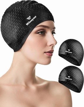 2 Pack Unisex Silicone Swim Cap for Women Men, Large Size Swimming Caps for Long Hair/Braids to Keep Hair Dry, Waterproof Bathing Caps for Swimming with Ear Plugs & Nose Clip Set
