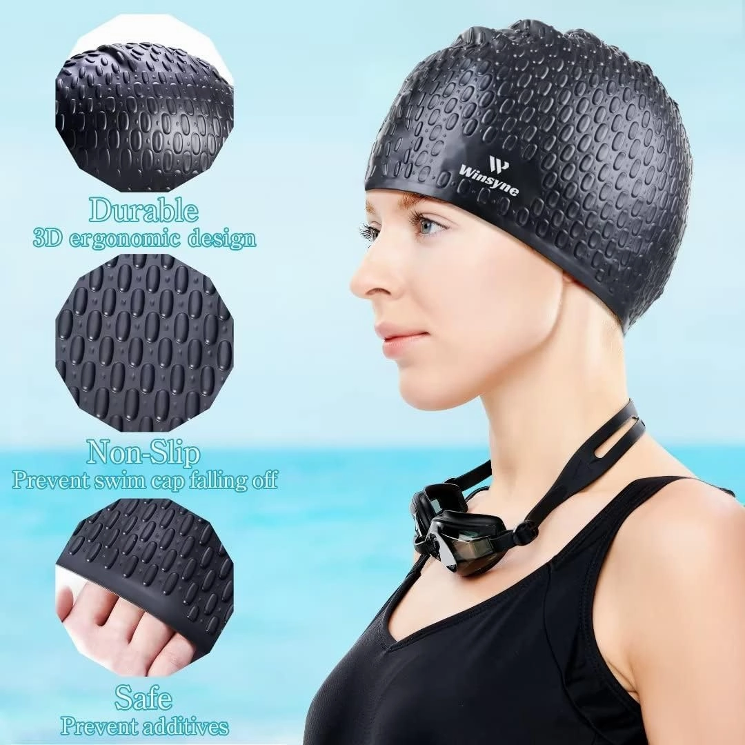 2 Pack Unisex Silicone Swim Cap for Women Men, Large Size Swimming Caps for Long Hair/Braids to Keep Hair Dry, Waterproof Bathing Caps for Swimming with Ear Plugs & Nose Clip Set