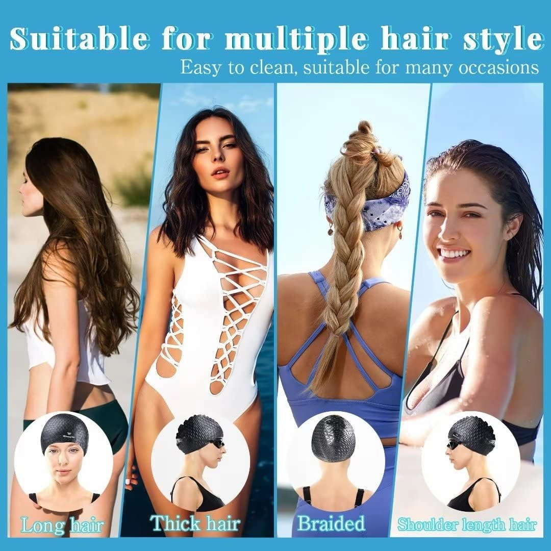 2 Pack Unisex Silicone Swim Cap for Women Men, Large Size Swimming Caps for Long Hair/Braids to Keep Hair Dry, Waterproof Bathing Caps for Swimming with Ear Plugs & Nose Clip Set