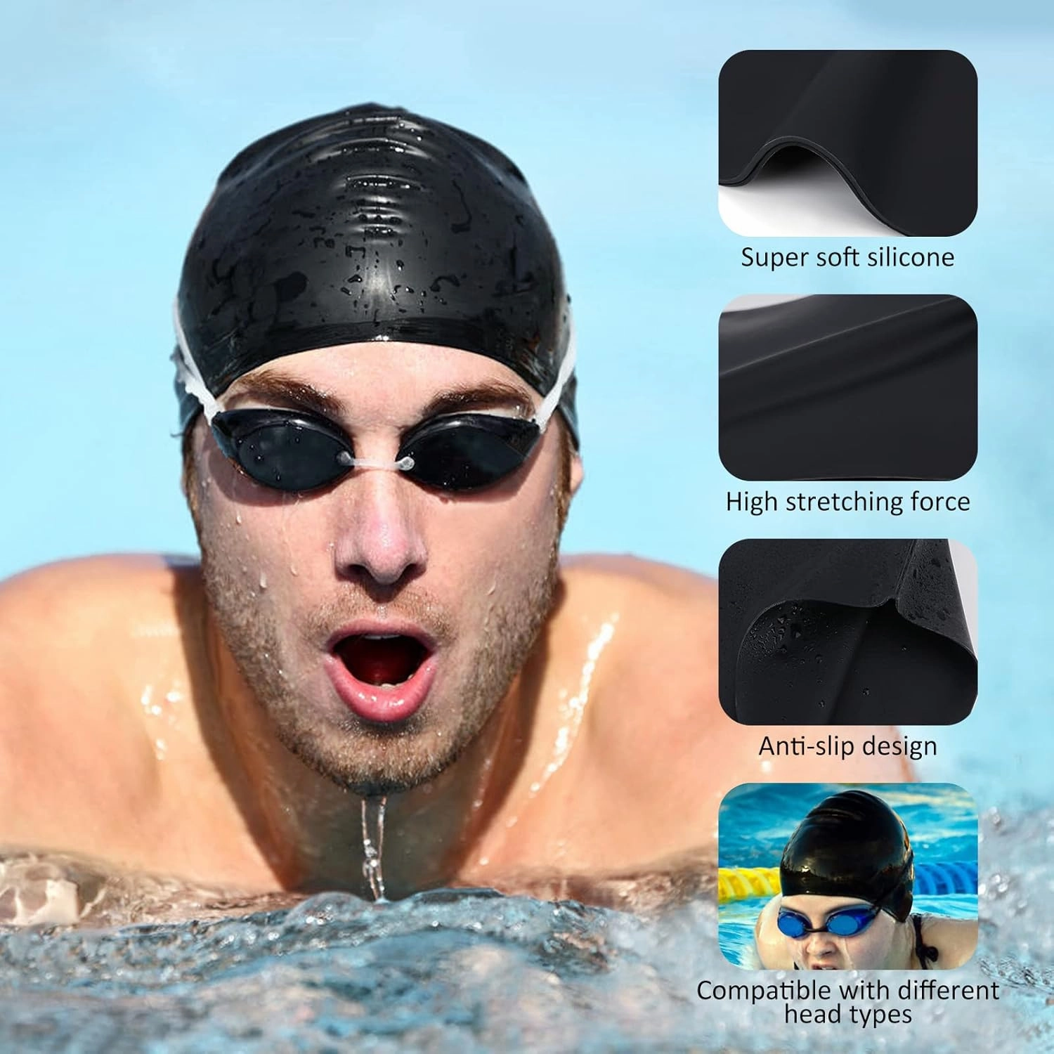 2 Pack Unisex Swim Caps Waterproof Silicone Swimming Caps Durable Elastic Non-Slip Bathing Swimming Pool Caps with Ear Plugs & Nose Clips for Women Men Adults Boys Girls