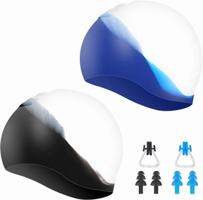 2 Pack Unisex Swim Caps Waterproof Silicone Swimming Caps Durable Elastic Non-Slip Bathing Swimming Pool Caps with Ear Plugs & Nose Clips for Women Men Adults Boys Girls