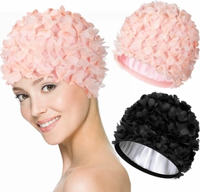 2 Pcs Lace Vintage Swim Cap Flower Floral Petal Retro Style Bathing Caps Pink Black Women's Long and Short Hair Swimming Hat Not Waterproof