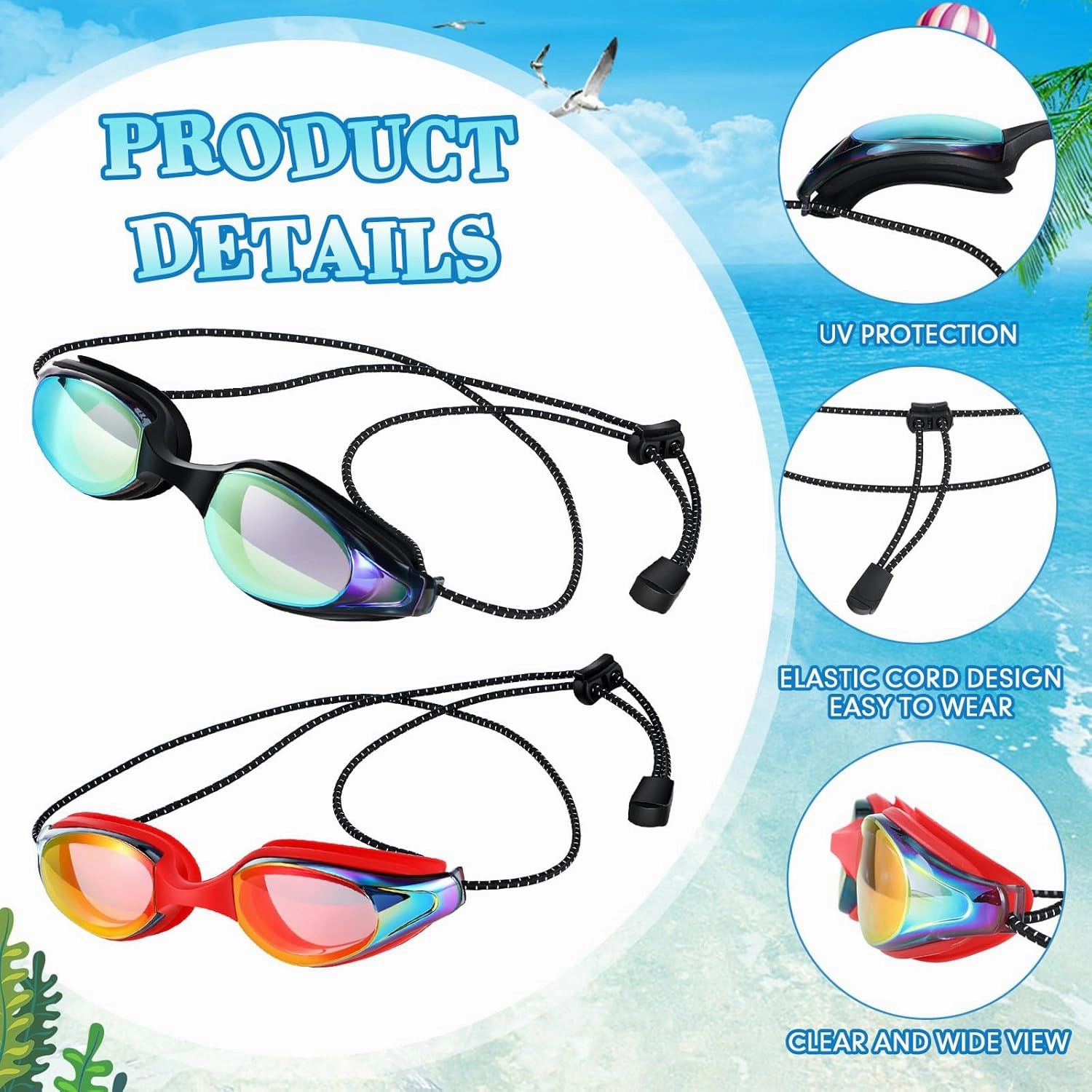 2 Pcs Swim Goggles for Lap Bungee Strap Swimming Goggles Men Women Adult Clear Vision Anti UV Goggles