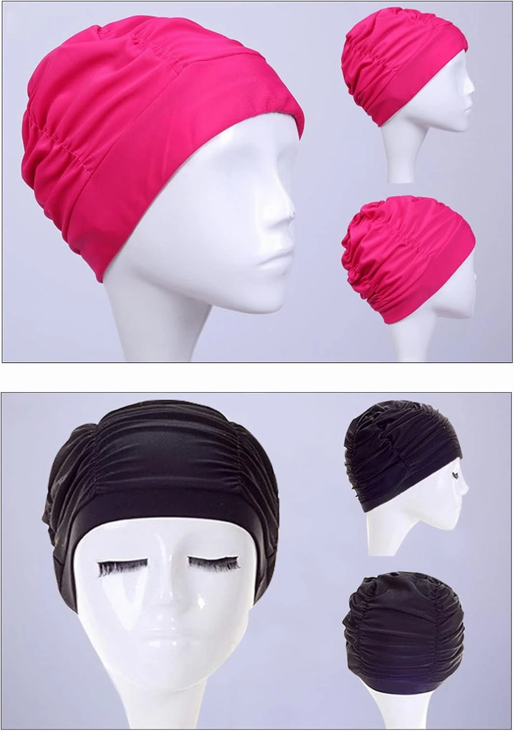 2Pack Nylon Soild Color Ladies Swimming Hat Pleated Style Swim Cap Long Hair Swimming Cap for Men Women