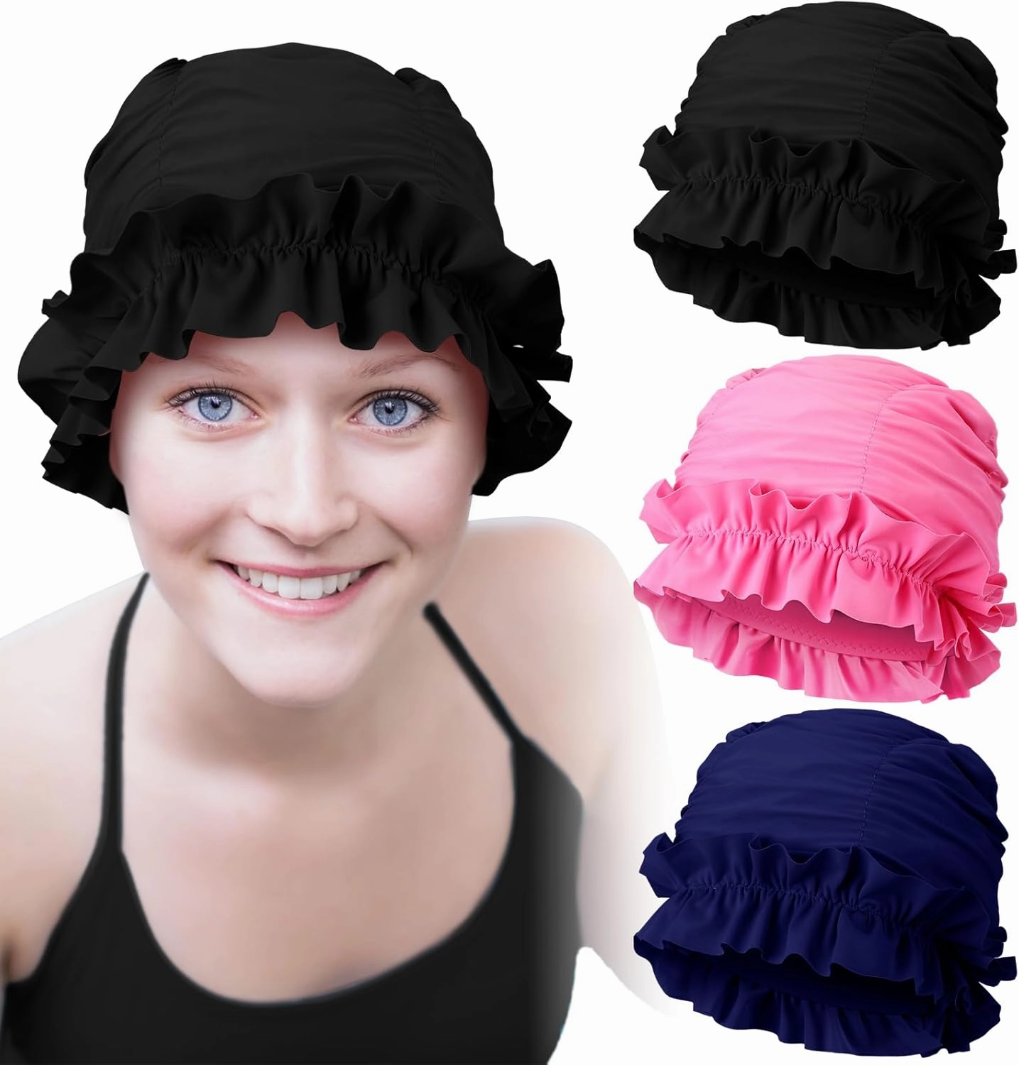 3 Pcs Swim Cap Women Adult with Ruffled Edges Nylon Cloth Swimming Cap for Women Bathing Hats Swim Turban Waterproof Swimming Hat
