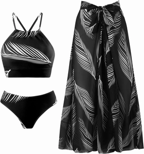 3 Piece Swimsuits for Women High Waisted Bikini Sets Retro Swimsuit with Cover up Beach Wrap Skirt