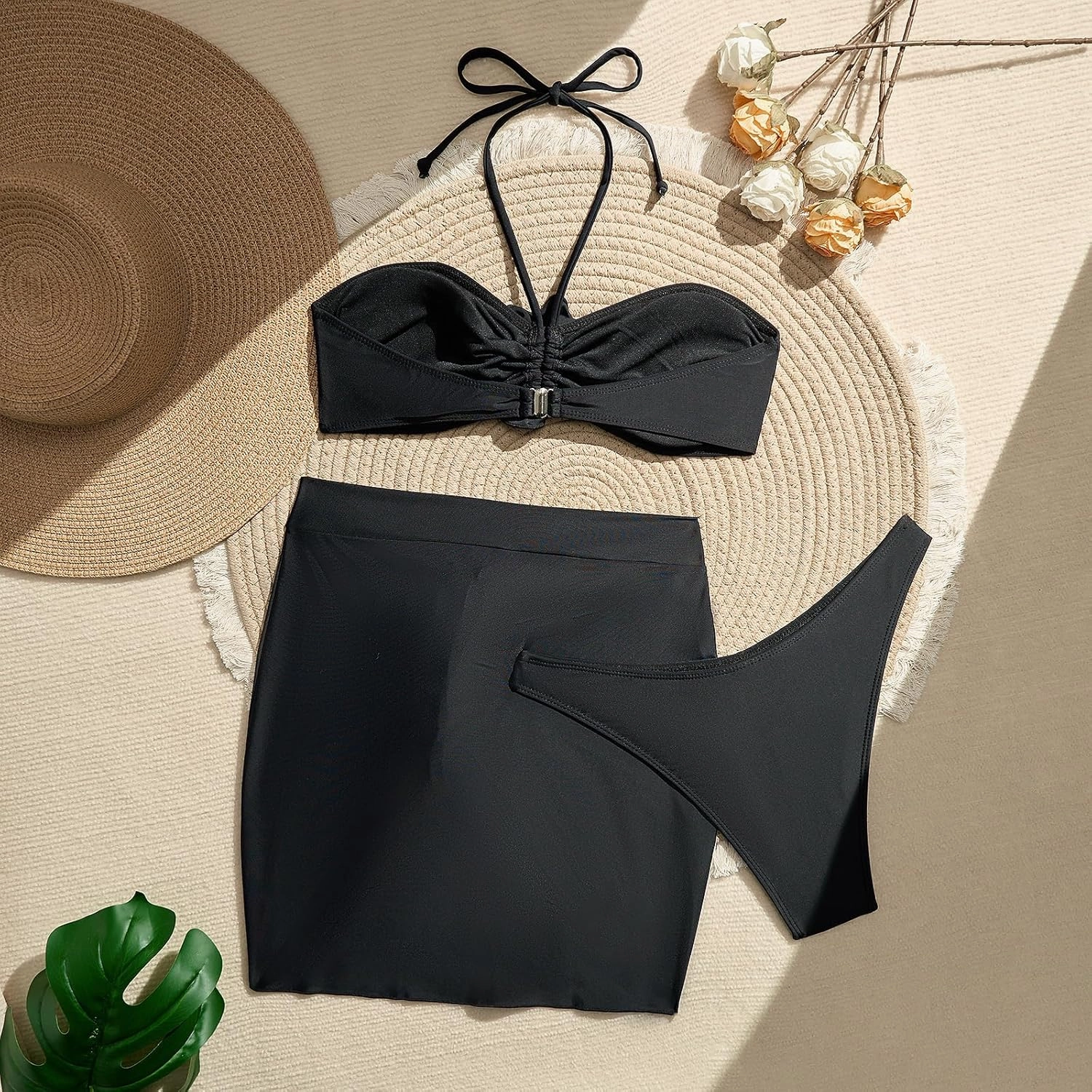 3 Piece Swimsuits for Women High Waisted Bikini Sets Retro Swimsuit with Cover up Beach Wrap Skirt