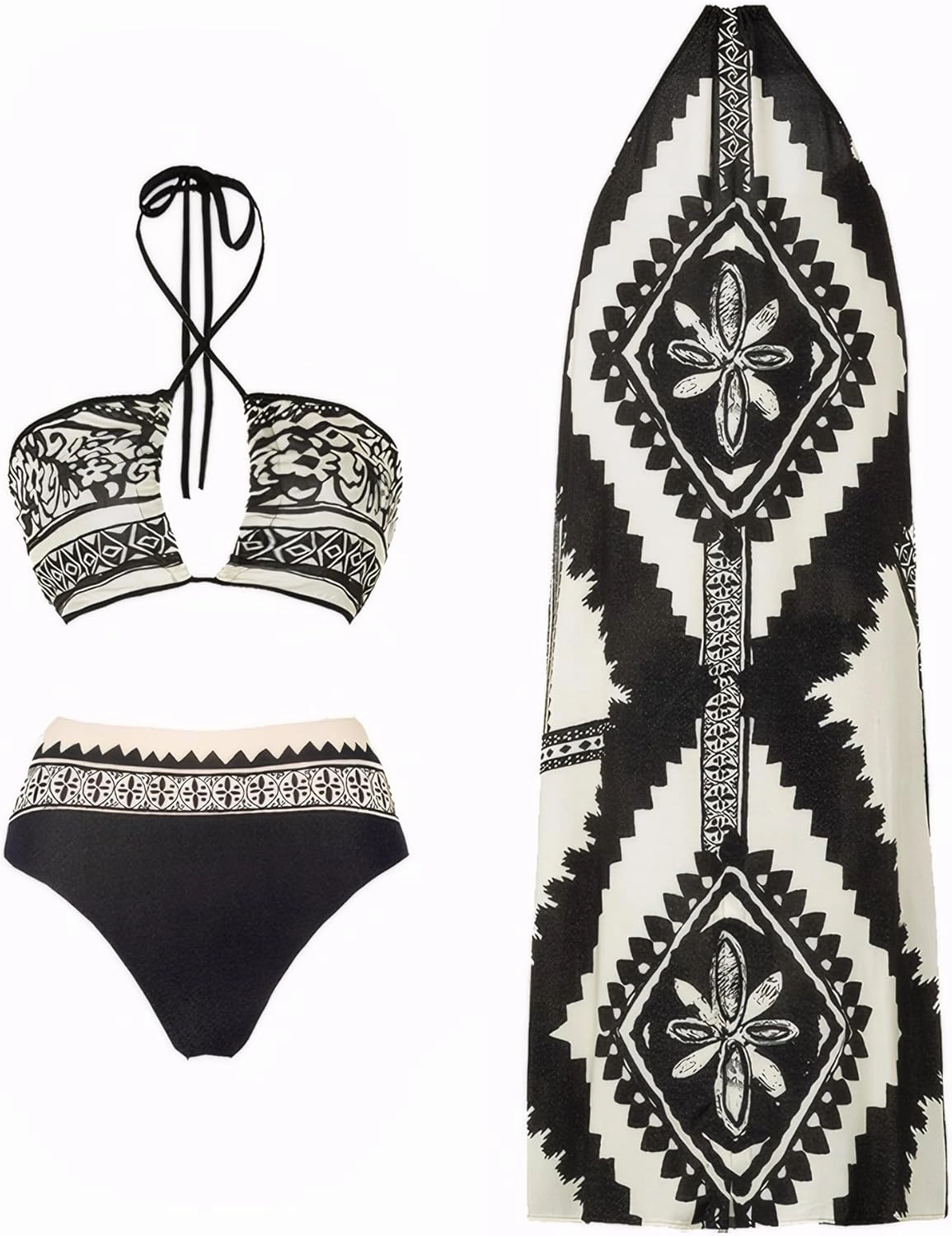 3 Piece Swimsuits for Women High Waisted Bikini Sets Retro Swimsuit with Cover up Beach Wrap Skirt