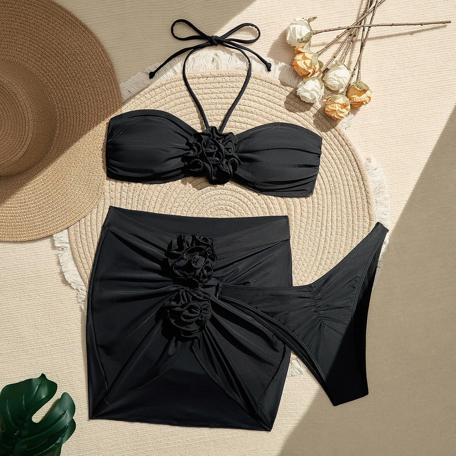 3 Piece Swimsuits for Women High Waisted Bikini Sets Retro Swimsuit with Cover up Beach Wrap Skirt