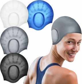 4 Pack Silicone Swimming Cap with 3D Ear Protection Cap Waterproof Bathing Solid Swimming Cap Swimming Unisex Bathing Swimming Hat for Kids Women Men Adults Child Youth Teen Long Hair, 4 Colors