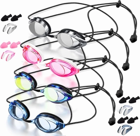 4 Pairs Swim Goggles for Kids Adult Bungee Strap Swimming Goggles Summer Anti Fog Pool Goggles Youth Anti Leak Quick Adjust Unisex Goggles with Nose Clips Earplugs for Women Men Child, Aged 8 