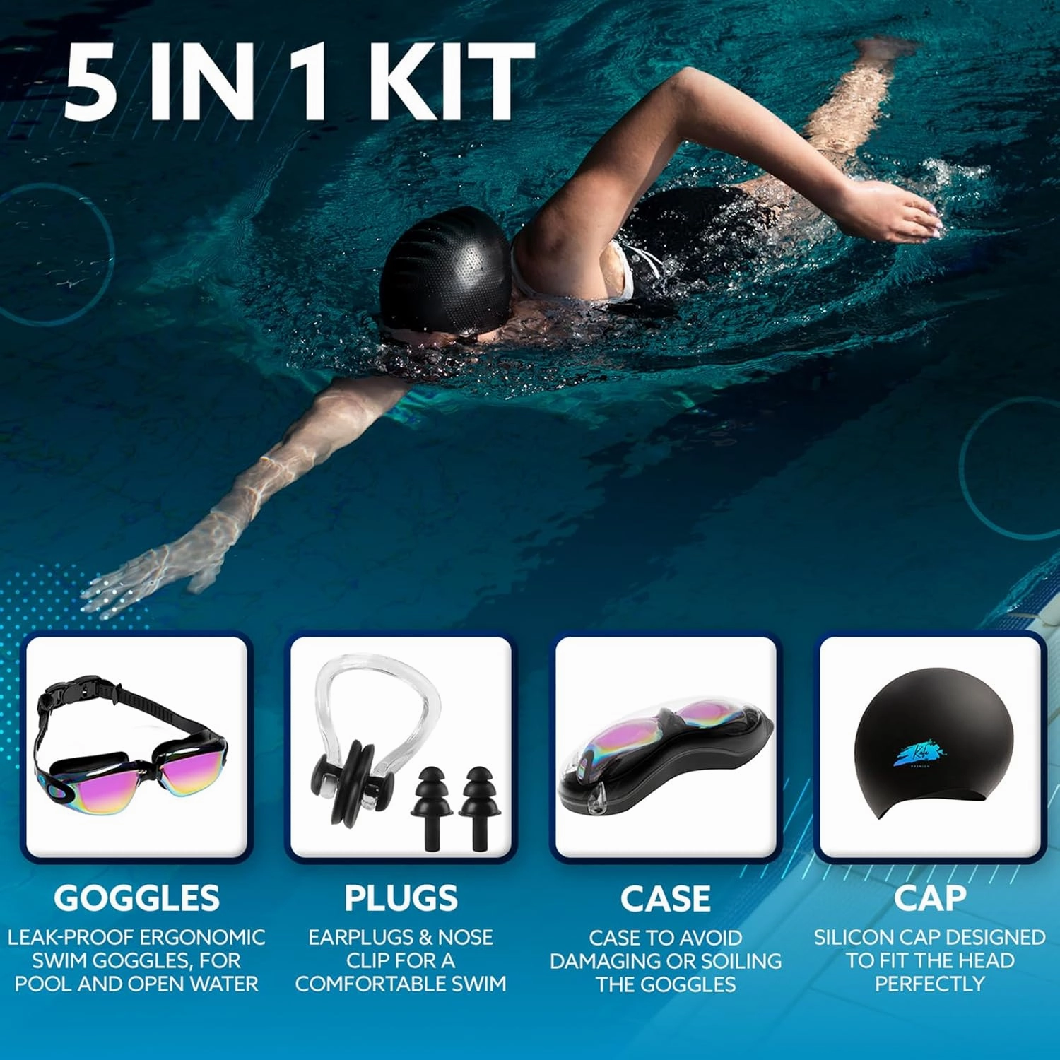 5 in1 Swim Goggles Set with Cap, Earplugs, Nose Clip & Case  Anti-Fog UV Protection Goggles for Men & Women