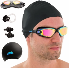 5 in1 Swim Goggles Set with Cap, Earplugs, Nose Clip & Case  Anti-Fog UV Protection Goggles for Men & Women
