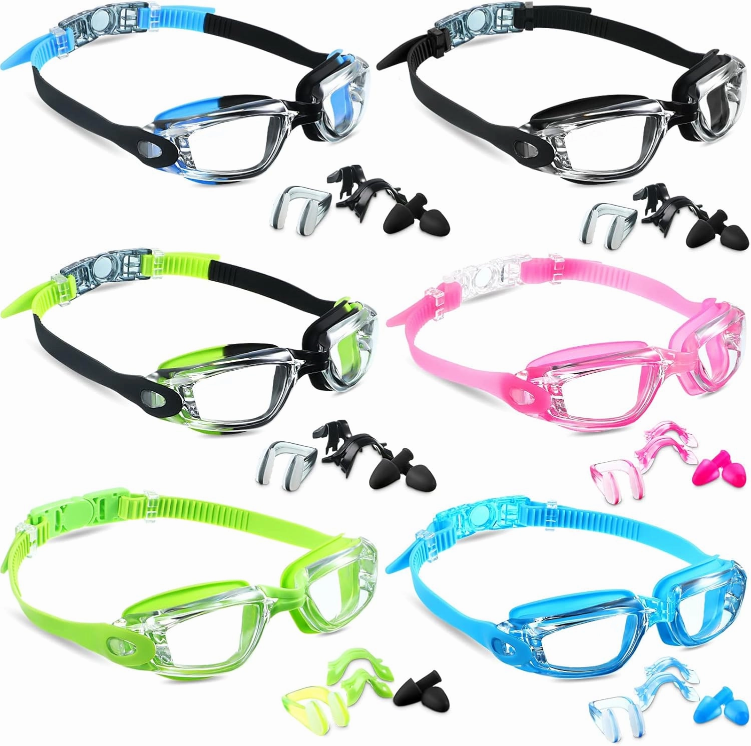 6 Pack Swim Goggles Anti Fog Swimming Goggles Soft Silicone Frame No Leaking Pool Goggles Anti UV Swimming Glasses with 6 Nose Clips 6 Earplugs for Adult Women Men Youth Kid over 8 Years Old, 6 Colors