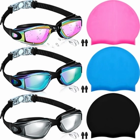 6 Pack Swim Goggles Hat for Adults Women with Nose Plug Earplug Waterproof Anti Fog Clear Stretchable Goggle Pack (Bright Style)