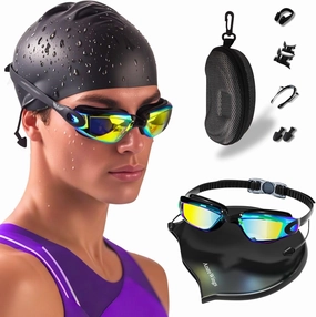 7 in 1 Swim Goggles   Swim Cap for Men Women,No Leak Anti-Fog & UV, HD Mirror PC Lens, Wide Vision for Competitive Racing & Swimming