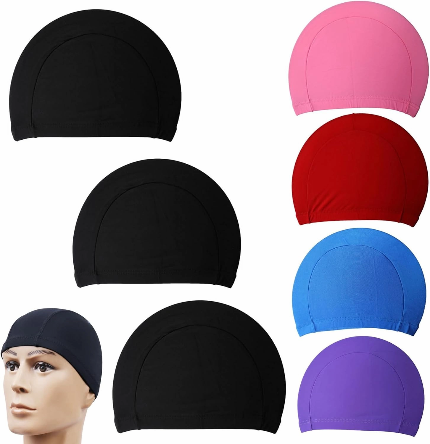 7 Pack Swim Cap Fabric Breathable Swimming Caps Comfort Ultra Thin Elastic Hat for Men Women Adult Older Kids Girls Boys Youth Family Long Short Hair Bathing Training Sports