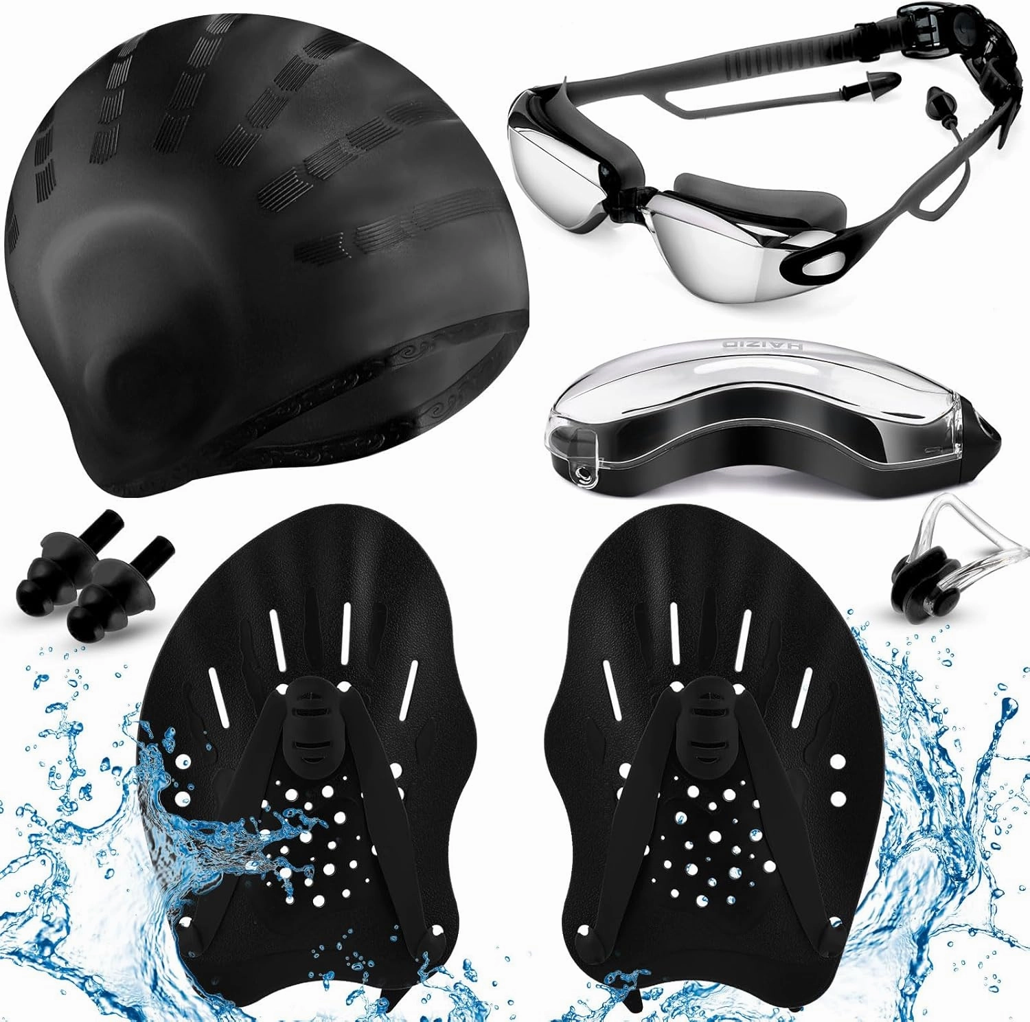8 Pcs Swimming Equipment Kit Anti Fog Swim Goggles Paddle Hand Cap Nose Cover Training Hand Paddles with Adjustable Straps for Lap Men Women