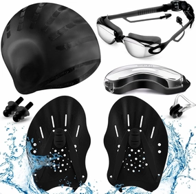 8 Pcs Swimming Equipment Kit Anti Fog Swim Goggles Paddle Hand Cap Nose Cover Training Hand Paddles with Adjustable Straps for Lap Men Women