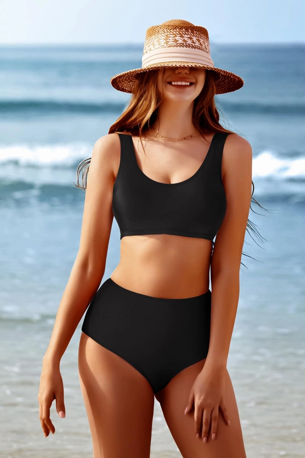 Adisputent Womens High Waisted Bikini Color Block Swimwear Bandeau Top Sports Style Scoop Crop Swimsuit 2 Piece Bathing Suits