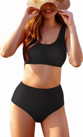 Adisputent Womens High Waisted Bikini Color Block Swimwear Bandeau Top Sports Style Scoop Crop Swimsuit 2 Piece Bathing Suits