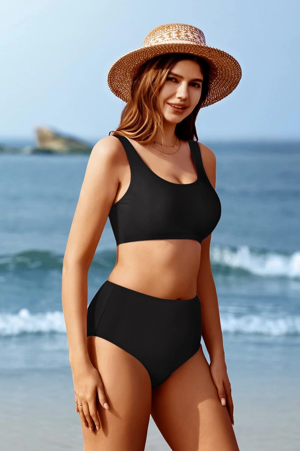 Adisputent Womens High Waisted Bikini Color Block Swimwear Bandeau Top Sports Style Scoop Crop Swimsuit 2 Piece Bathing Suits