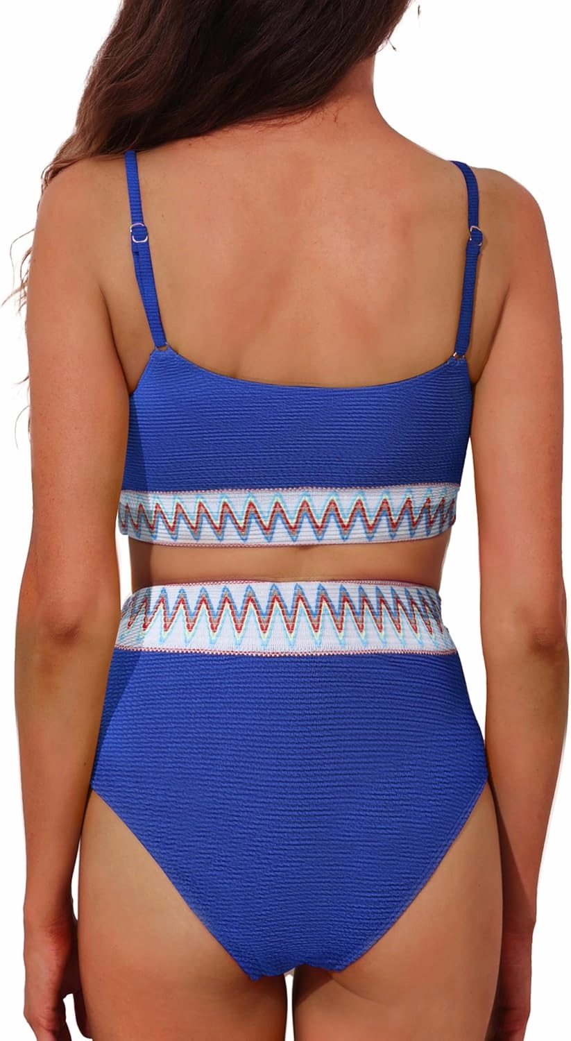 Adisputent Womens High Waisted Bikini Sets Scoop Neck Color Block Swimsuits Retro Two Piece Bathing Suits