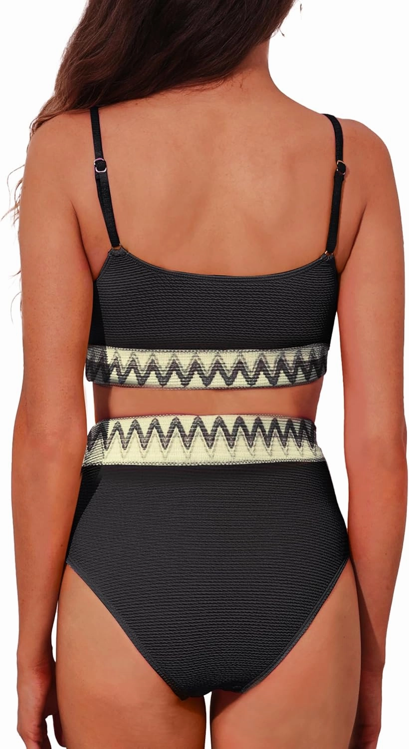 Adisputent Womens High Waisted Bikini Sets Scoop Neck Color Block Swimsuits Retro Two Piece Bathing Suits