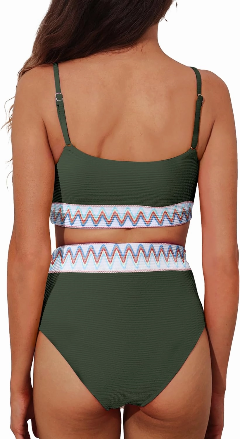 Adisputent Womens High Waisted Bikini Sets Scoop Neck Color Block Swimsuits Retro Two Piece Bathing Suits