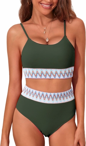 Adisputent Womens High Waisted Bikini Sets Scoop Neck Color Block Swimsuits Retro Two Piece Bathing Suits