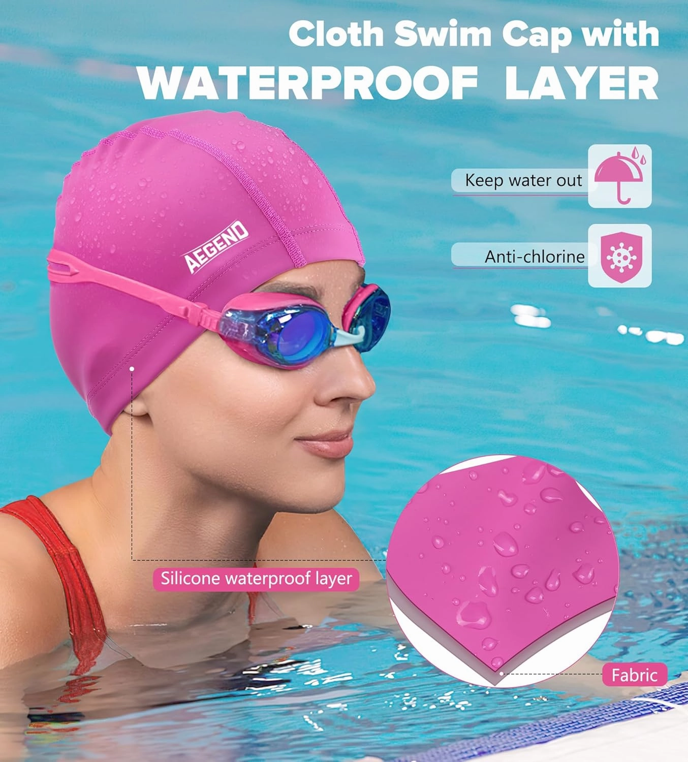 Aegend Fabric Swim Cap, Silicone Waterproof Layer - Breathable Cloth Swimming Cap, Keep Hair Dry with Hight Elasticity for Youth Kids Women Men, 2 Sizes to Choose