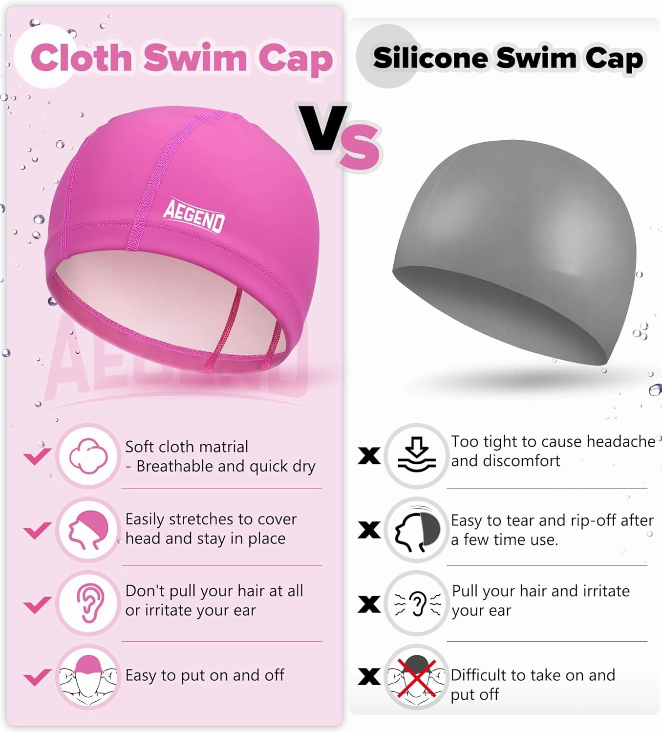 Aegend Fabric Swim Cap, Silicone Waterproof Layer - Breathable Cloth Swimming Cap, Keep Hair Dry with Hight Elasticity for Youth Kids Women Men, 2 Sizes to Choose