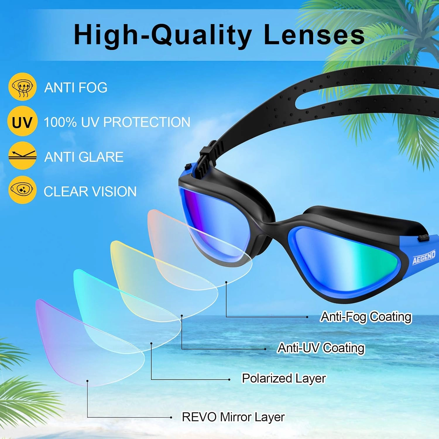Aegend Polarized Swim Goggles, Swimming Goggles Anti-Glare Anti-Fog Adult