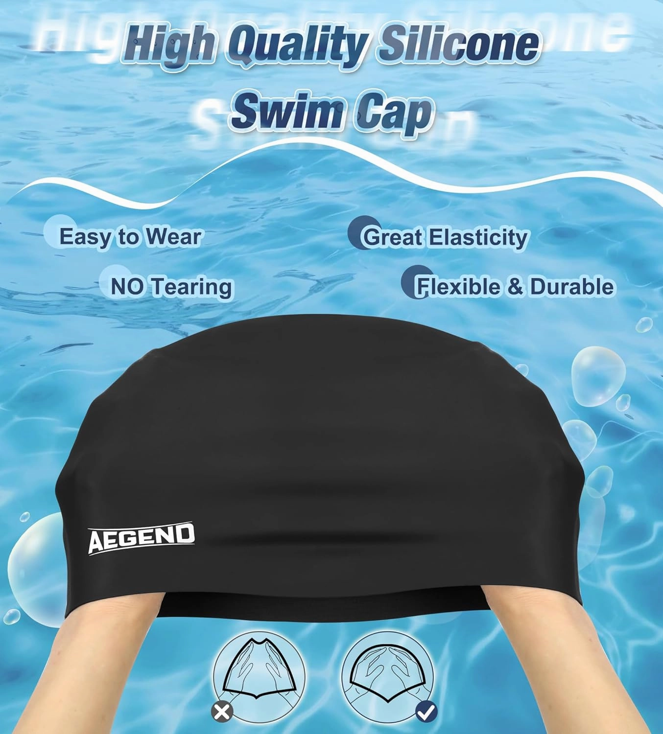 Aegend Swim Caps for Long Hair, Durable Silicone Swimming Caps for Women Men Adults Youths, Easy to Put On and Off, Waterproof Swim Hats Bathing Caps to Keep Hair Dry