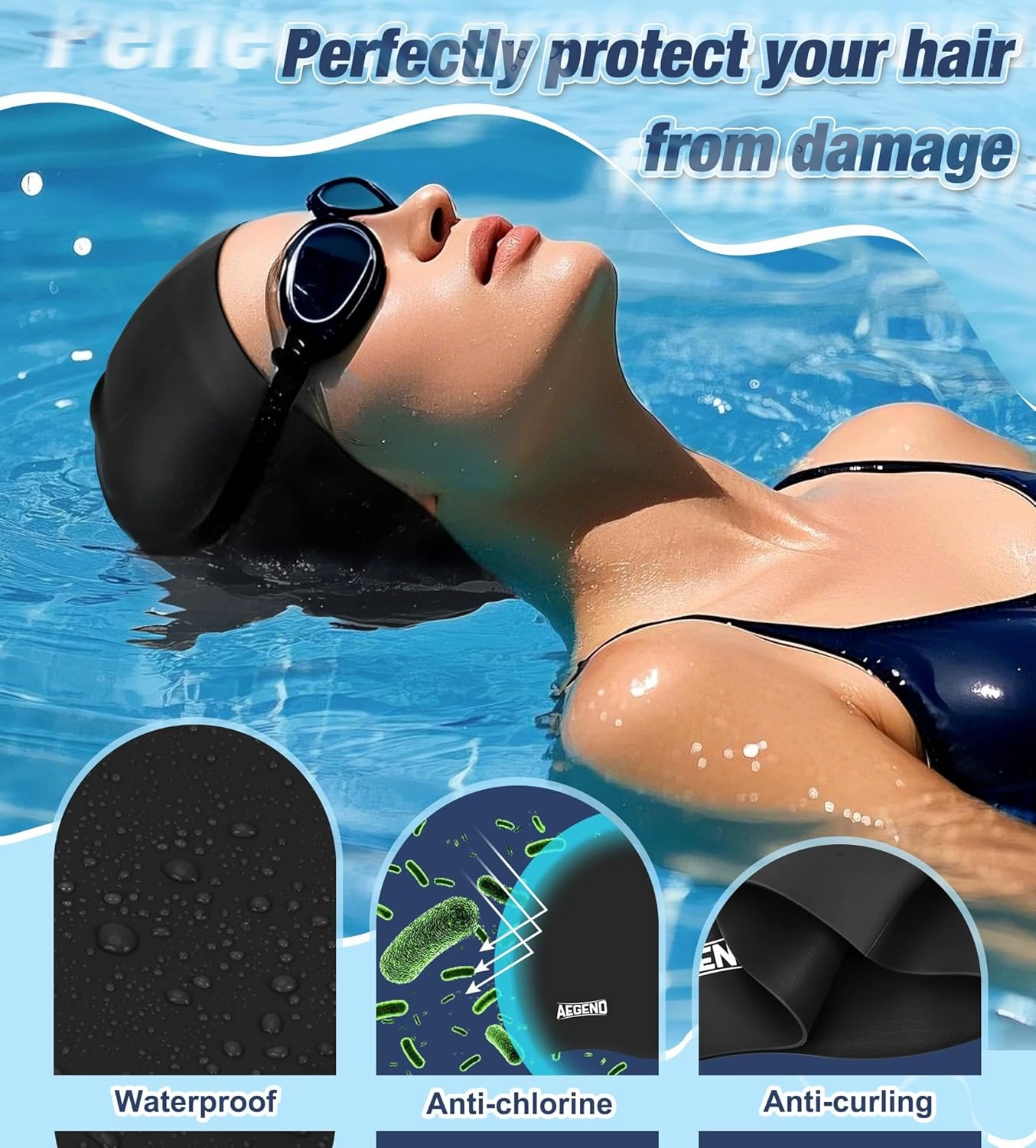 Aegend Swim Caps for Long Hair, Durable Silicone Swimming Caps for Women Men Adults Youths, Easy to Put On and Off, Waterproof Swim Hats Bathing Caps to Keep Hair Dry