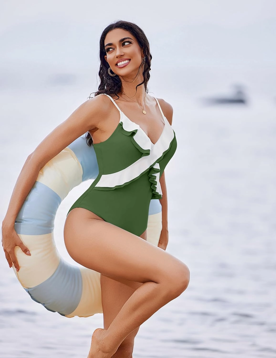 AI'MAGE One Piece Swimsuit for Women Tummy Control Ruffle Bathing Suit V Neck Push Up Swimwear S-XXL