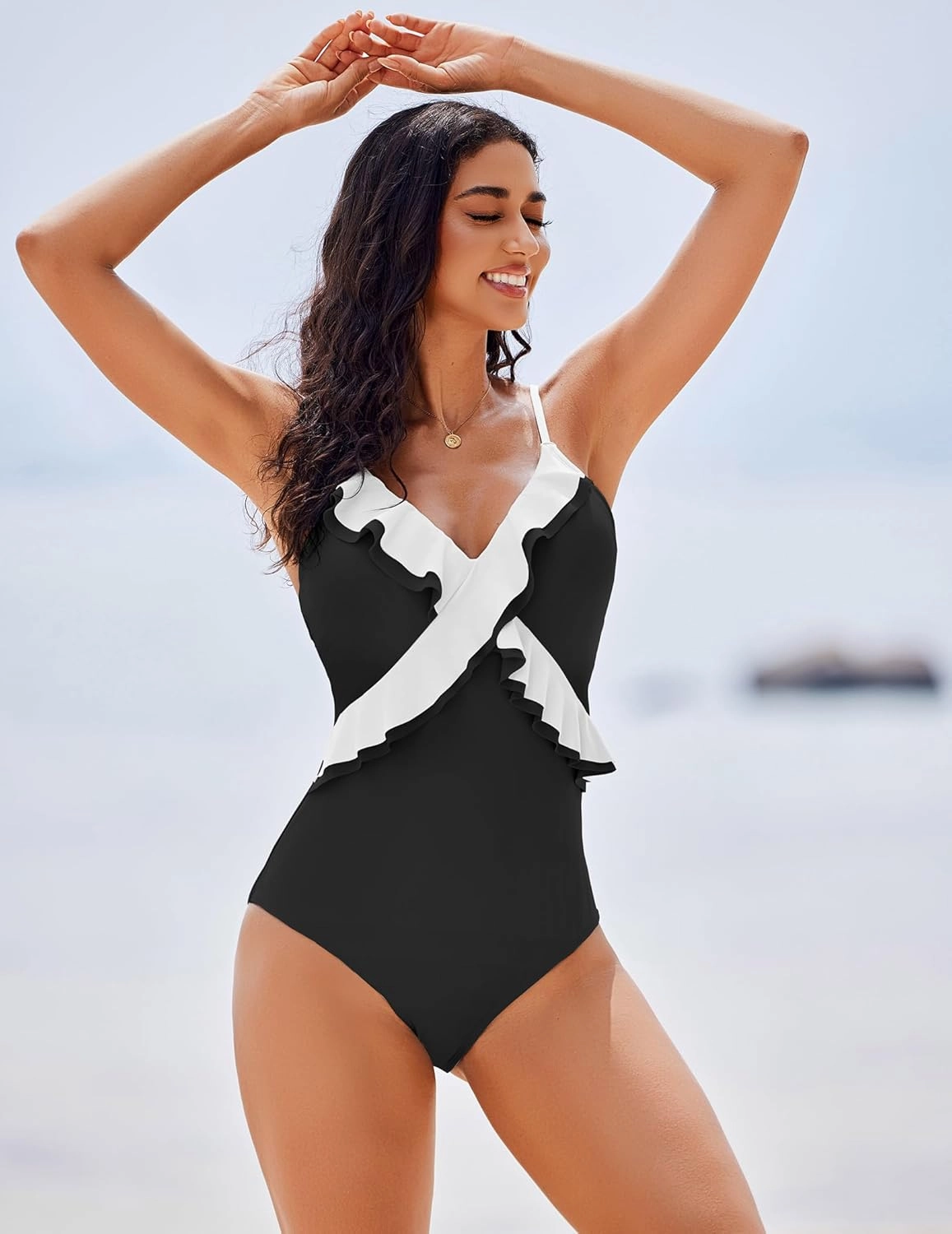 AI'MAGE One Piece Swimsuit for Women Tummy Control Ruffle Bathing Suit V Neck Push Up Swimwear S-XXL