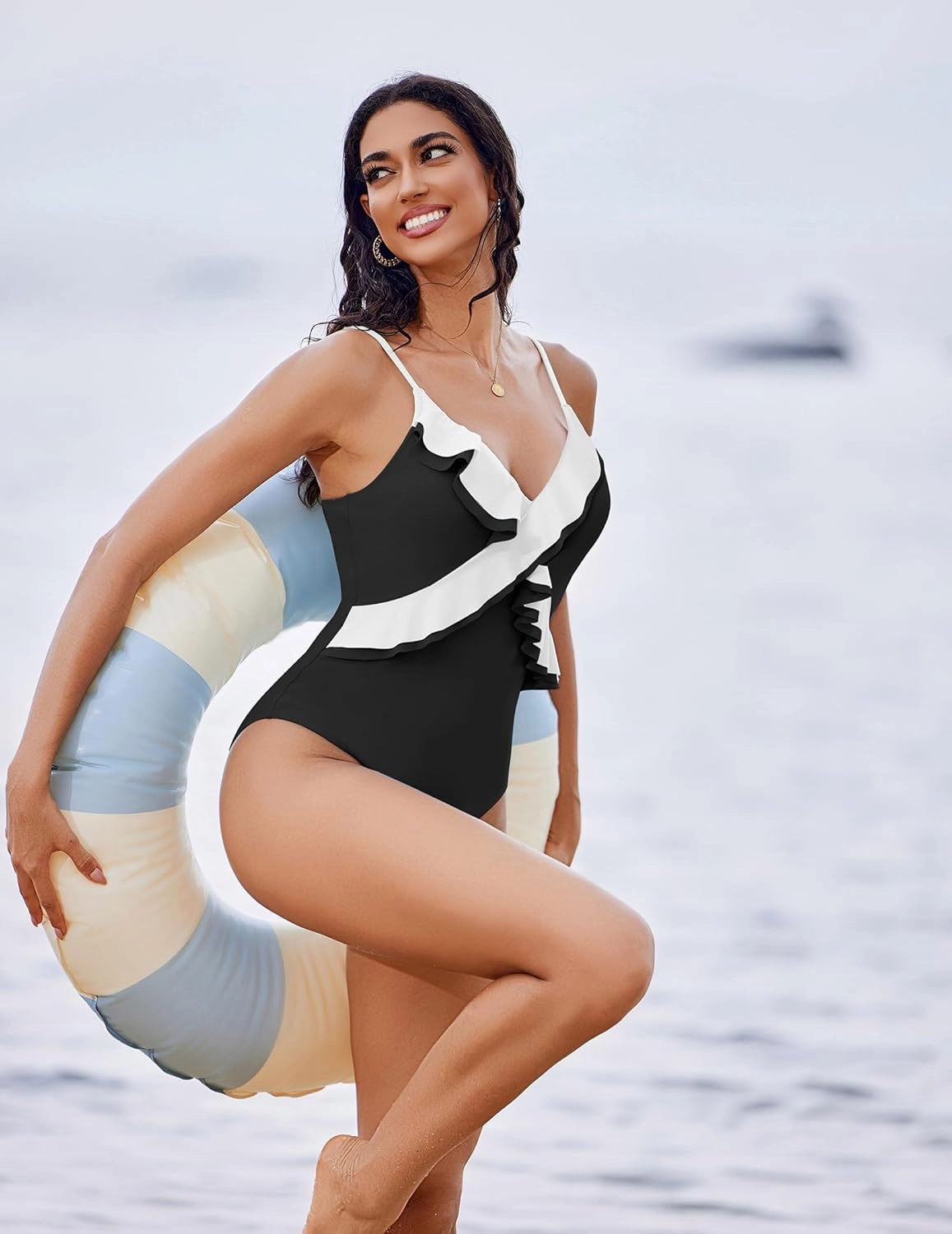 AI'MAGE One Piece Swimsuit for Women Tummy Control Ruffle Bathing Suit V Neck Push Up Swimwear S-XXL