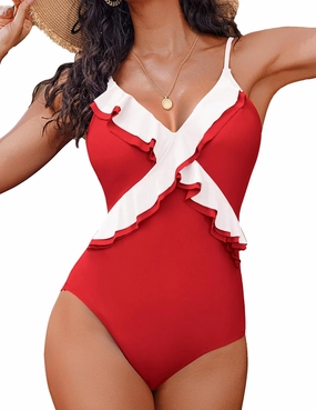 AI'MAGE One Piece Swimsuit for Women Tummy Control Ruffle Bathing Suit V Neck Push Up Swimwear S-XXL