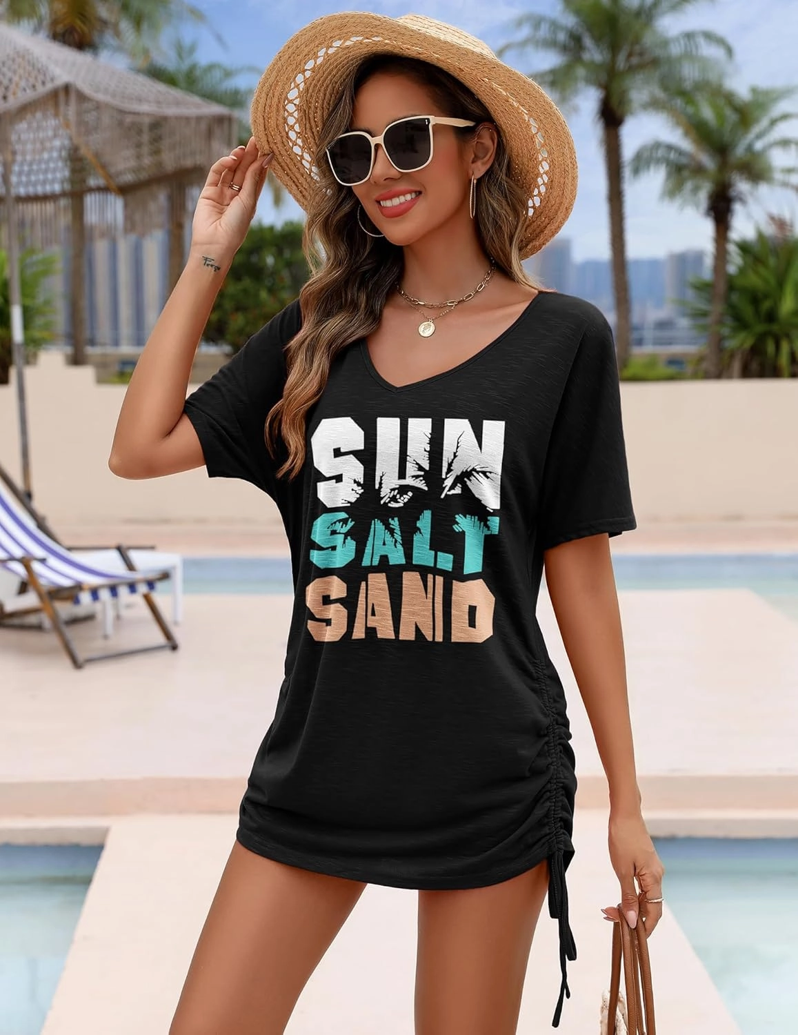 AI'MAGE Swimsuit Coverup for Women Short Sleeve Bathing Suit Cover Up T-Shirt Casual Beach Dress Drawstring Swim Cover Up
