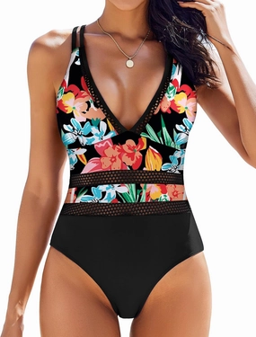AI'MAGE Women One Piece Swimsuit Sexy V Neck Bathing Suits Tummy Control Swimsuits Mesh Hollow Out Swimwear S-XXL