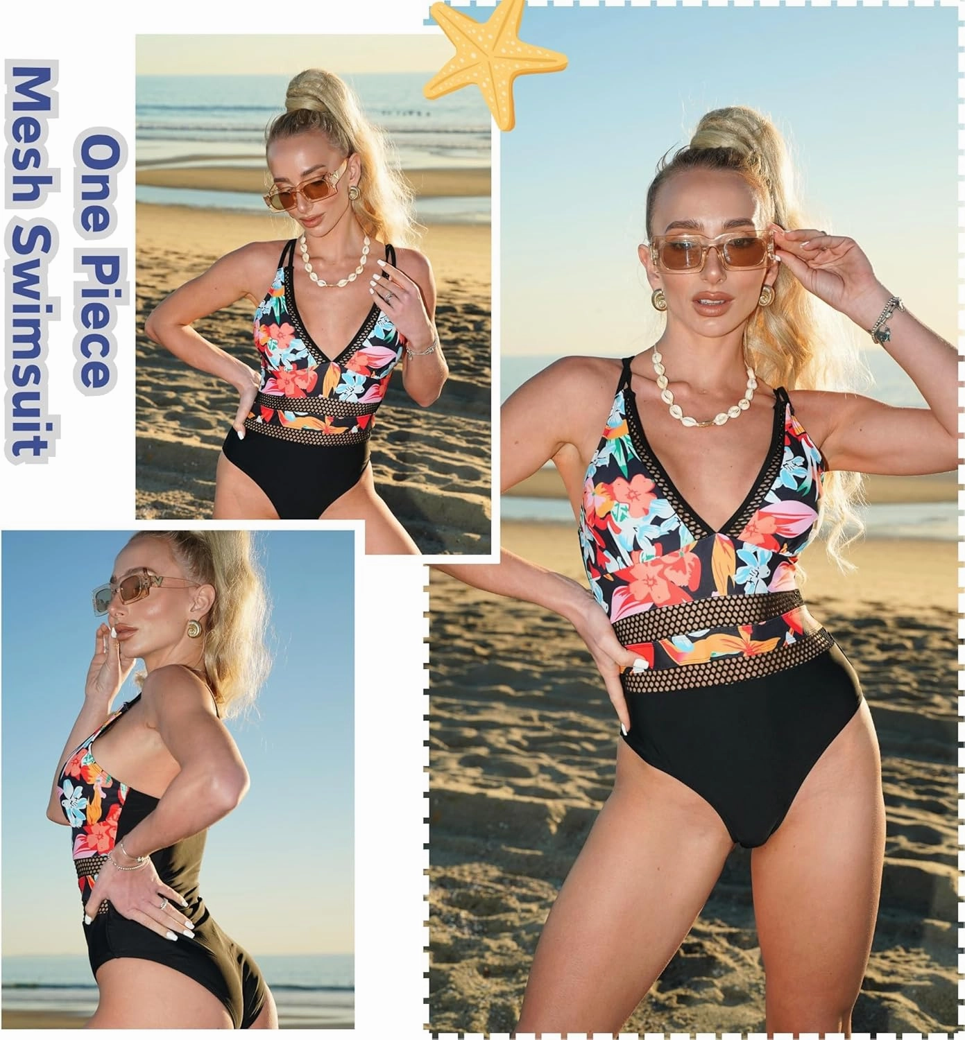 AI'MAGE Women One Piece Swimsuit Sexy V Neck Bathing Suits Tummy Control Swimsuits Mesh Hollow Out Swimwear S-XXL